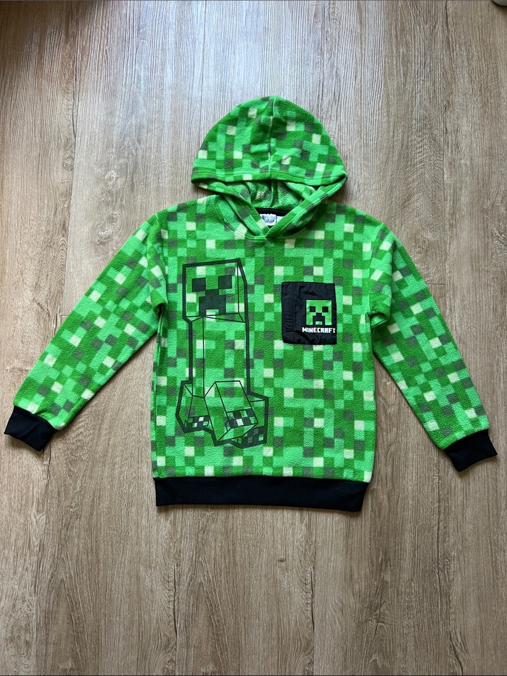 Minecraft Boys Creeper Fleece Pixel Pullover Hoodie in Green Size 10/12